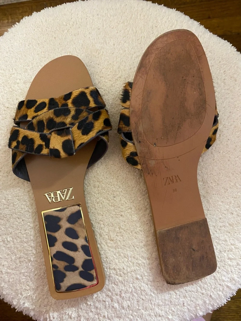 Zara Leopard Print Slide Sandals in Tan and Black - Picture 2 of 3